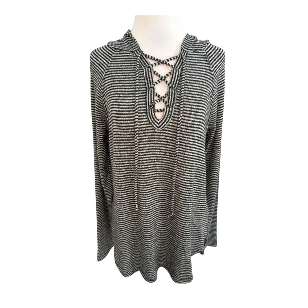 American Eagle Soft & Sexy Plush Striped Lace Up Hoodie Black Grey Womens Medium
